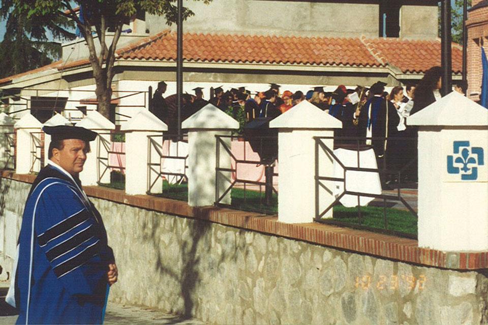 Father Biondi at a 1992 commencement at 91女神's campus in Madrid, Spain. 