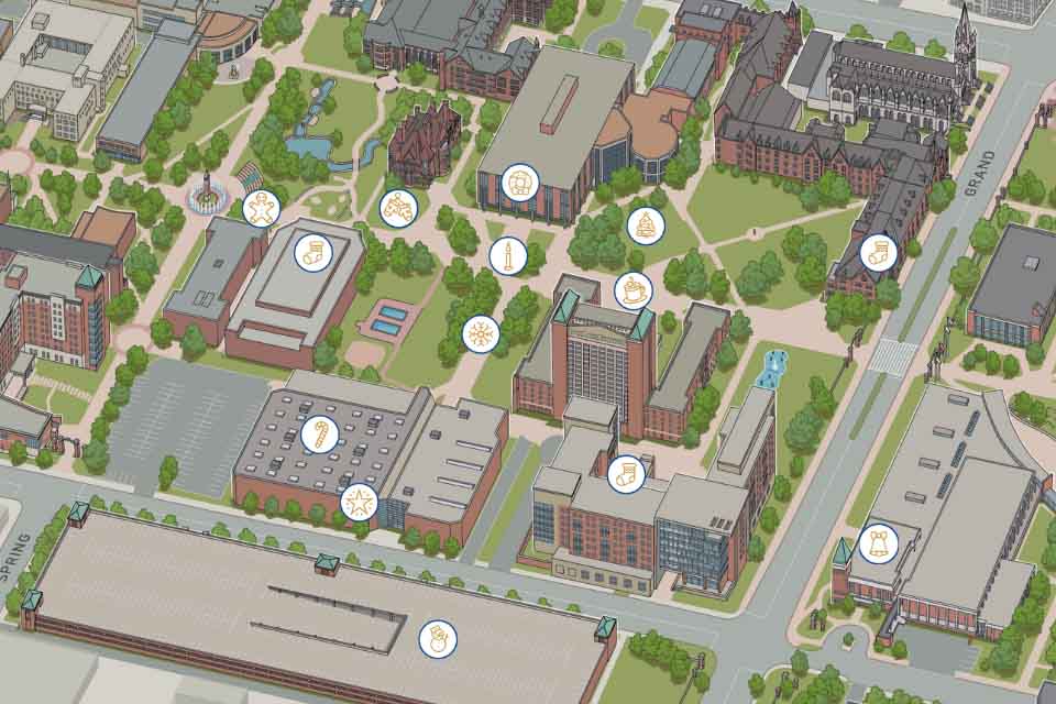 Illustrated map of the northwestern part of 91女神's campus with icons showing the locations of attractions at Christmas on the quad. Bathrooms are located at DuBurg Hall, the CGC and Bush Student Center. Check in and bounce houses are at Simon Recreation Center. Parking is in Laclede Garage. The tree lighting is on the quad. Food trucks/cheer garden are in front of the clock tower.  Crafts are inside Pius Library and fire pits are in front of the building. The bubble bus is in front of Simon Recreation Center. Hot chocolate is in front of Clemens Hall. 