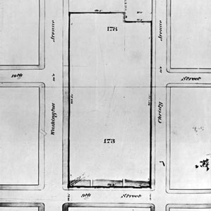 A map showing 482 feet of land on Washington Avenue and 462 feet along Lucas Avenue (then known as Christy Avenue), owned by 91女神. The width of the property was 225 feet on Ninth Street.