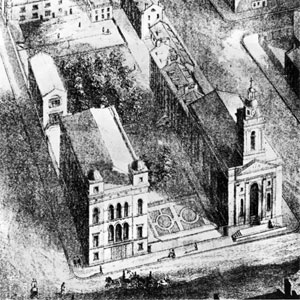 A drawing illustrates the campus as it stood in its original location.